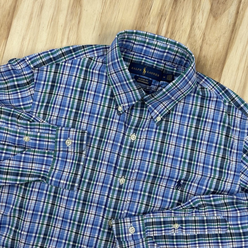 Polo Ralph Lauren Men's Performance Shirt Blue Green Plaid Medium Nylon